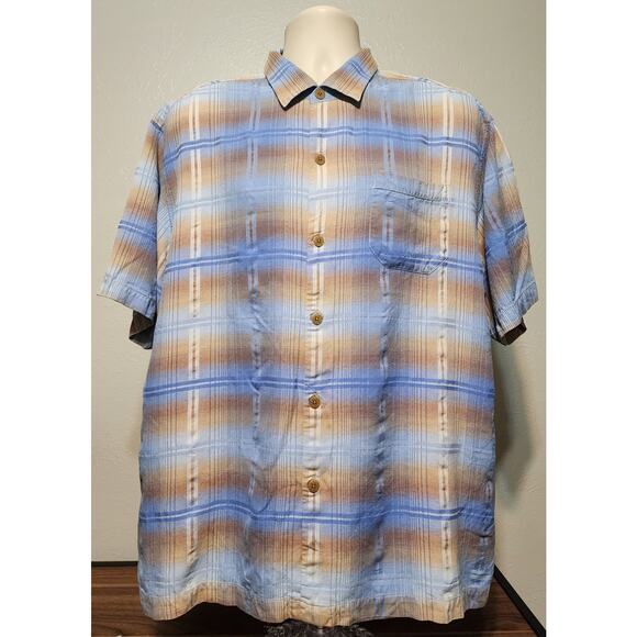 Tommy Bahama Button-up Short Sleeve Shirt 100% Silk Size XL Plaid - Picture 1 of 6